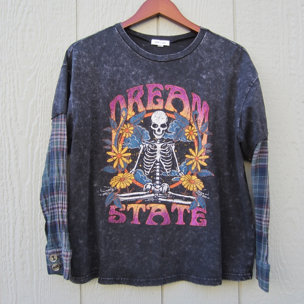 Stitch & Pine Dream State Skeleton Acid Wash Plaid Layered Long Sleeve Tee Small